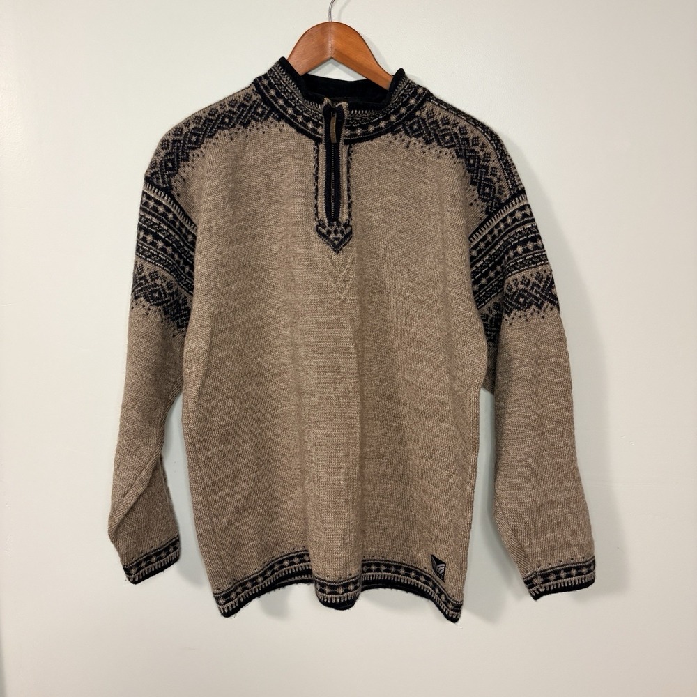 Dale of Norway Sweater Men's M 1/4 Zip Beige Blue 100% Wool Ski Made in Norway